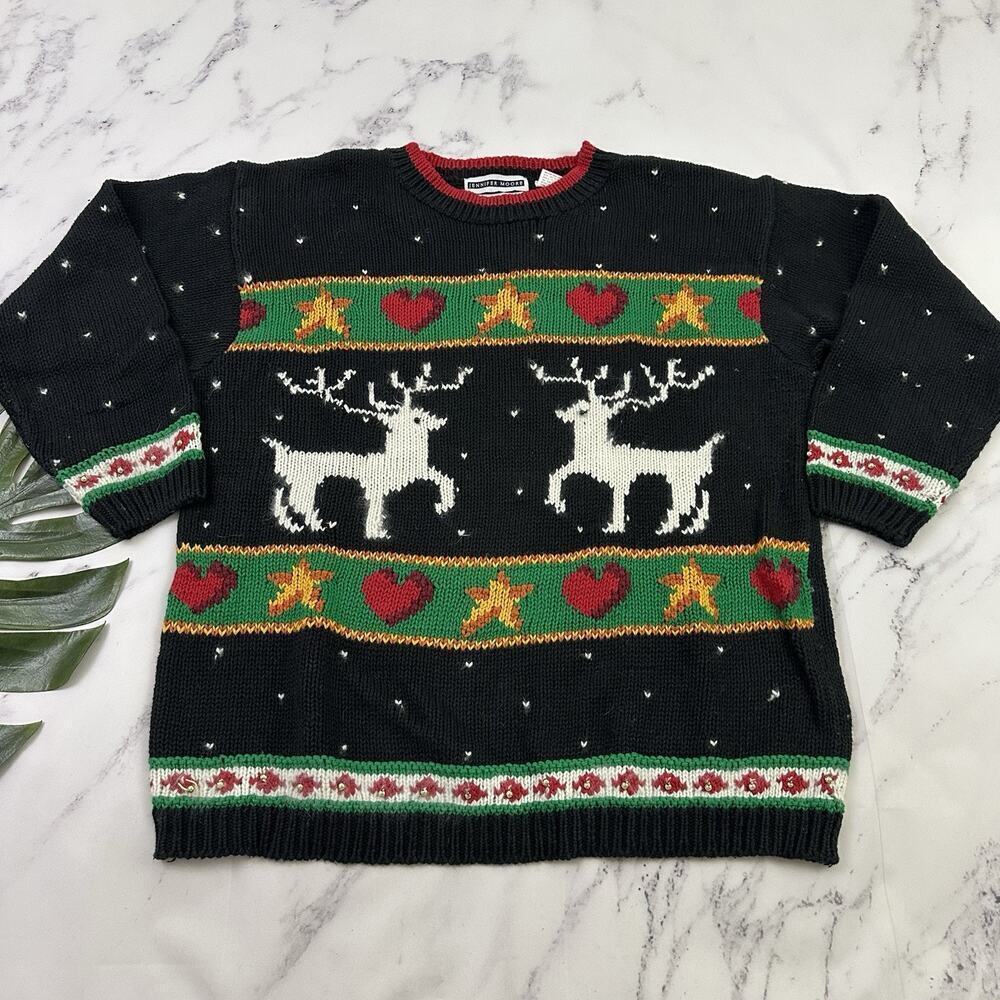 Jennifer Moore Womens Vintage 90s Christmas Sweater Size Xl Black Red Chunky